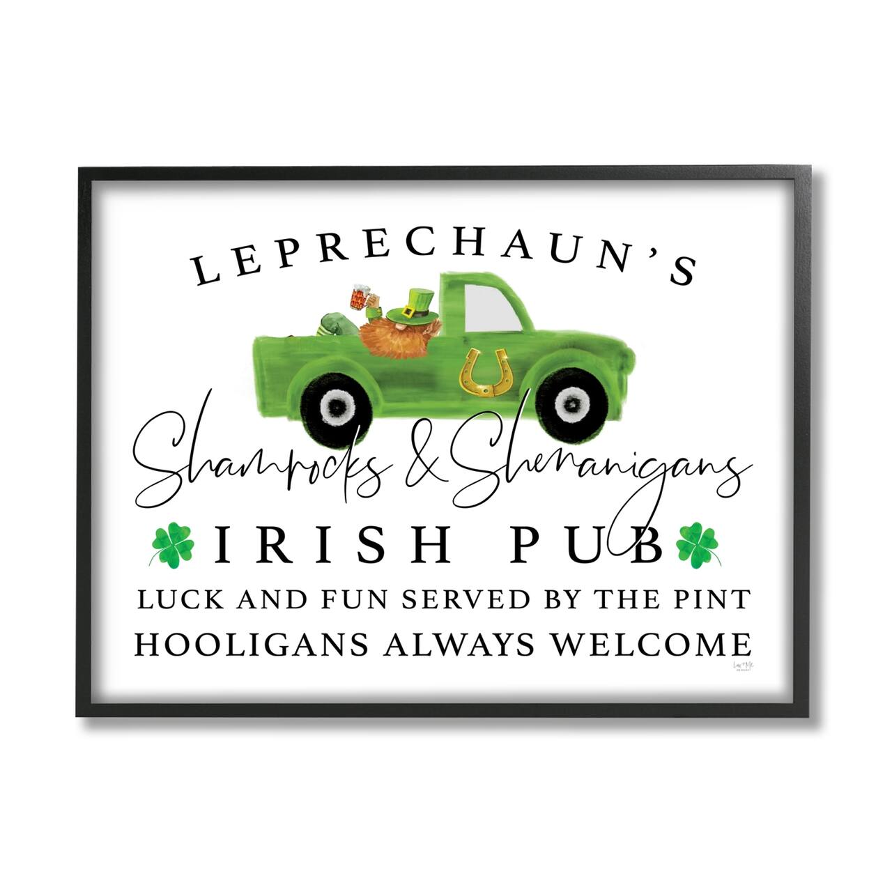 Stupell Industries Irish Pub Whimsical Leprechaun Green Shamrock Details Framed Giclee Art